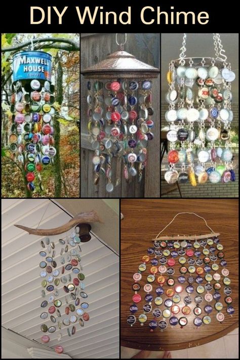 Bottle Cap Windchime, Projects With Bottle Caps, Bottle Cap Wind Chime Diy, Button Wind Chimes, Metal Bottle Cap Crafts, Beer Caps Diy, Bottle Caps Ideas, Bottle Cap Wind Chime, Bottle Caps Crafts