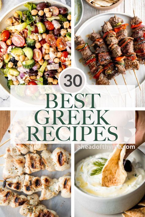 When it comes to delicious, healthy, light meals, Greek food might be on the top of the list. Made with fresh Mediterranean flavors like lemon, garlic, and olive oil, Greek cuisine never disappoints. Whether you are craving some grilled souvlaki skewers, fresh vibrant Greek salad, or homemade tzatiziki sauce, we are sharing over 30 popular best Greek recipes including salads, grilled skewers, chicken, beef, vegetables, pita bread, and more! | aheadofthyme.com #greekrecipes #gre via @aheadofthyme Skewers Chicken, Grilled Skewers, Greek Recipes Easy, Greek Chicken Souvlaki, Greek Menu, Food And Drink Recipes, Greek Recipes Authentic, Sommer Mad, Greek Dinners