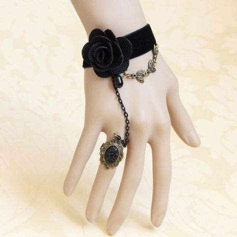 Vintage Handmade Flower Embellished Bracelet With Fringer Ring For Women Nana Cosplay, Gothic Bracelet, Christmas Gifts For Sister, Lace Bracelet, Gothic Earrings, Prom Jewelry, Retro Mode, Discount Jewelry, Floral Accessories