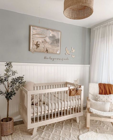 gender neutral nursery ideas Wall Panels Nursery, Half Wall Nursery Ideas, Bead Board Wall Nursery, Shiplap Wall In Nursery, Shiplap In Nursery, Vertical Shiplap Wall Nursery, Vj Panelling Nursery, Wood Panel Accent Wall Nursery, Nursery Room Wall Painting