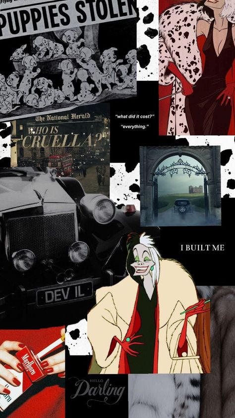 my first collage is dedicated to my favorite Disney female villain - Cruella de Vil🤍🖤 hope you like it!! Female Villains, Disney Collage, Disney Villains, Wallpaper Aesthetic, Pixar, My Favorite, Collage, Halloween, Disney