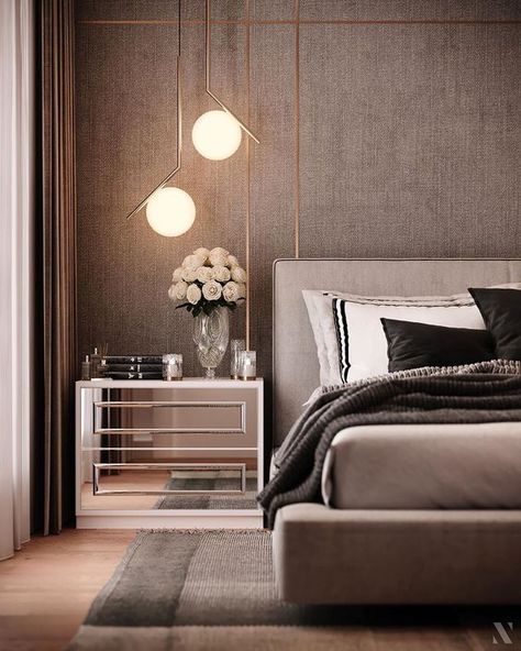 Modern Chic Bedroom Decor, Bedroom Inspirations White, Modern Chic Bedroom, White Pendant Lights, Unique Nightstand, Modern Nightstands, Gray Shades, Contemporary Bedroom Design, Nightstand Decor