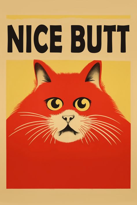 Get ready to giggle with our retro-style funny poster featuring a surprised cat! The cheeky caption, 'Nice butt!' adds a playful touch to this delightful piece. Ideal for cat lovers and those who enjoy a good laugh, this poster is sure to bring smiles to your space. Embrace the humor and let this surprised feline add a dose of laughter to your decor. Grab yours and brighten up your walls today! 😺😄✨ #FunnyCats #RetroHumor #nicebumprint #nicebuttwallprint #nicebootywallart #cloakroomwallart Vintage Funny Posters, Posters Funny, Poster For Wall, Funny Poster Design, Bathroom Printables, Bathroom Posters, Billy Boy, Art Basics, Funny Posters