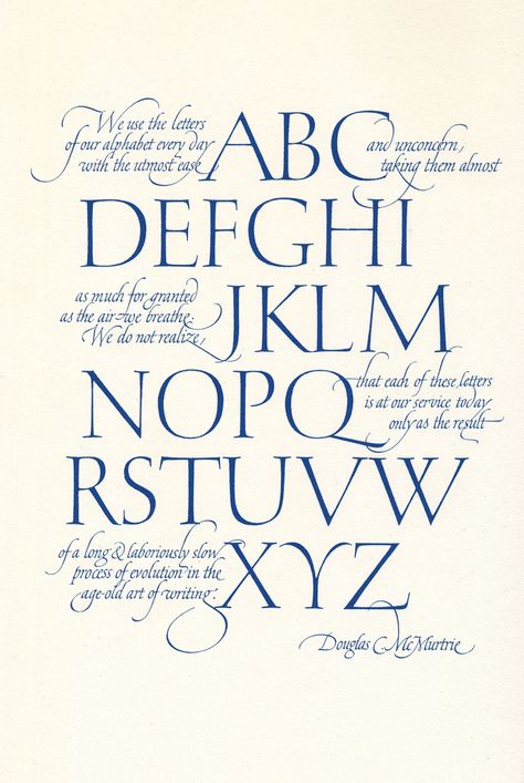 Hermann Zapf, detail of calligraphic broadside with quotation by Douglas C. McMurtrie, 1959. Produced by About Alphabets, 1960. Via eyeondesign.aiga Hermann Zapf, Calligraphy Writing Styles, Calligraphy Script Fonts, Calligraphy I, Calligraphy Words, How To Write Calligraphy, Hand Lettering Alphabet, Lettering Alphabet Fonts, Calligraphy Handwriting