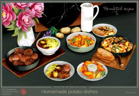 Mashed potatoes with cutlets, potatoes with mushrooms and rustic | Patreon Somik And Severinka Sims 4, Somik And Severinka, Sims 4 Custom Recipes, Sims 4 Custom Food Recipes, Potatoes With Mushrooms, Rustic Potatoes, Avocado Egg Bake, Sims 4 Kitchen, Baked Avocado