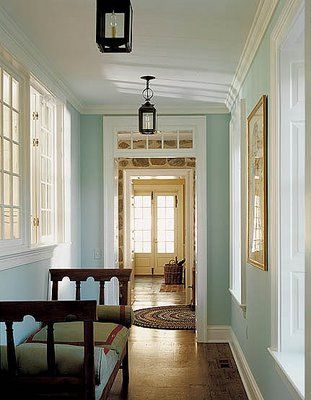 Transoms Over Doors | transom windows over doors are a great idea- the make the space seem ... Tiffany Blue Walls, Dix Blue, Palladian Blue, Blue Wall Colors, Entrance Way, Fresh Farmhouse, Stone Farmhouse, Transom Windows, Character Home