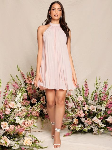 Pleated Halter Dress, Money Outfit, Pastel Dress, Cocktail Outfit, Wedding Invite, Shein Style, Women Dresses, Summer Top, Tie Backs