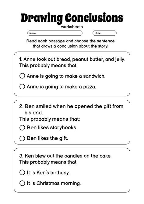 These drawing conclusions worksheets for 1st grade students are designed to help young learners practice critical thinking skills and inference making. Use these engaging activities to boost your child's reading comprehension and analytical thinking abilities. Start exploring fun and educational worksheets tailored for 1st graders today! #learningthroughart #criticalthinking #elementaryeducation #drawingconclusionsworksheets Drawing Conclusions Activities, Drawing Conclusions Worksheet, Making Inferences Worksheet, Critical Thinking Worksheets, Toki Pona, Worksheets For 1st Grade, Worksheets 1st Grade, Inference Activities, Analytical Thinking