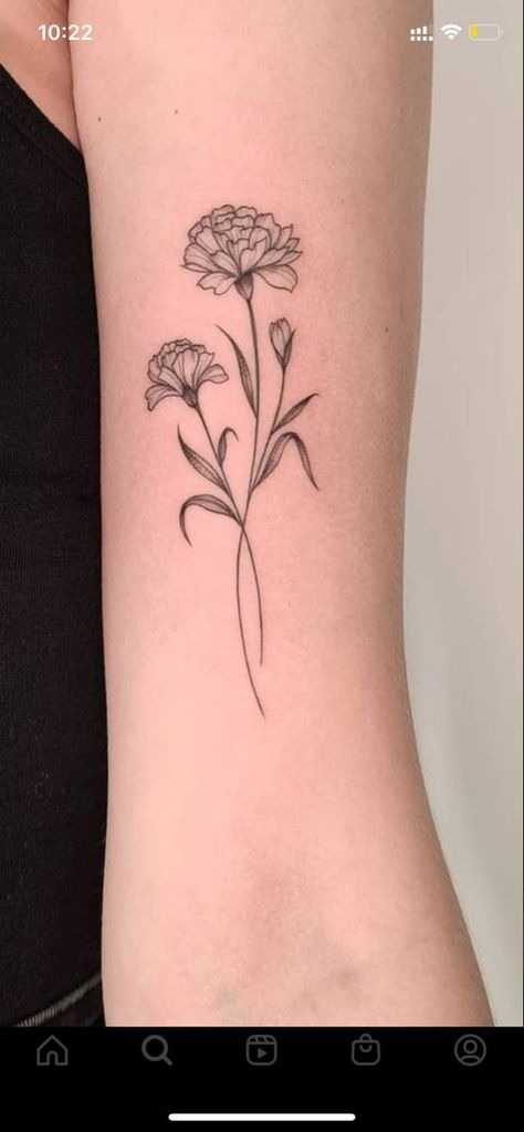 Cute Marigold Tattoo, Marigold And Snowdrop Tattoo, Birth Flower Tattoos Carnation, Carnation Flower Stencil, Marigold Fineline Tattoo, Carnation Line Art Tattoo, Carnation Chrysanthemum Tattoo, Small Carnation Flower Tattoo, Fineline Marigold Tattoo