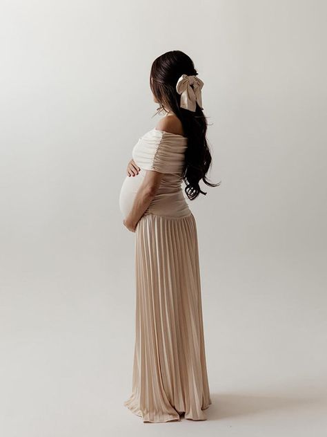 Momyknows Apricot Off Shoulder Ruched Pleated Big Swing Elegant Evening Gown Maternity Boho Photoshoot Baby Shower Maxi Dress Pregnancy Announcement Dress, Fall Gender Reveal Outfit For Mom, Brown Baby Shower Dress, Neutral Baby Shower Dress, Tan Maternity Dress, Pregnancy Clothes Dresses, Cream Maternity Dress, Maternity Baby Shower Outfit, Maternity Shoot Outfit Ideas