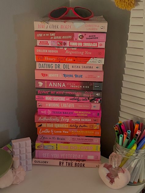 Pink Book Stack, Romance Book Stack, Book Stacks Aesthetic, Teenage Books To Read, Book Bucket, Teen Romance Books, Fantasy Books To Read, Recommended Books To Read, Best Books To Read