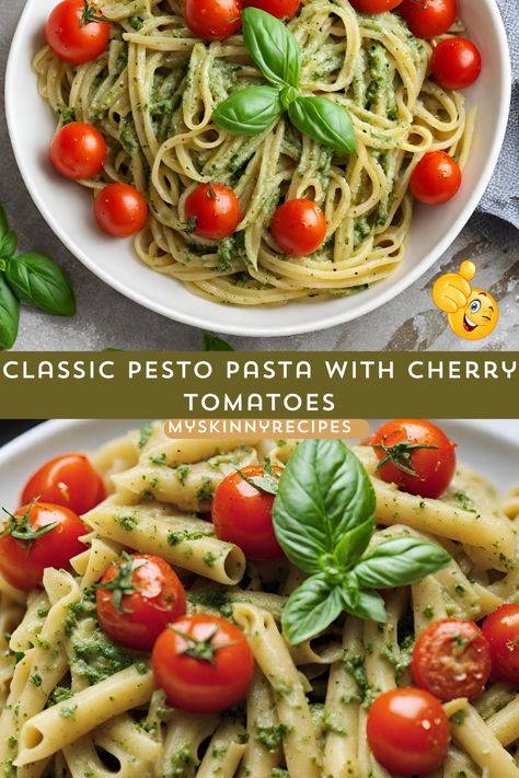 Delight your taste buds with our Classic Pesto Pasta! This quick and flavorful dish combines al dente pasta with fresh basil pesto, sweet cherry tomatoes, and Parmesan cheese. Perfect for a satisfying weeknight dinner or a weekend gathering with friends. Try it now #myskinnyrecipes Pesto Pasta With Cherry Tomatoes, Pasta With Pesto And Tomatoes, Basil Pesto Pasta Recipes, Tomato And Pesto Pasta, Pasta With Cherry Tomatoes, Pasta With Pesto, Fresh Basil Pesto, Basil Pesto Pasta, Cream Cheese Pasta