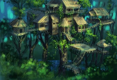 Amazon Rainforest Trees, Faerie Village, Treehouse Drawing, Fantasy Rainforest, Fantasy Treehouse, Tree House Drawing, Ville Cyberpunk, Rainforest Trees, Forest Village