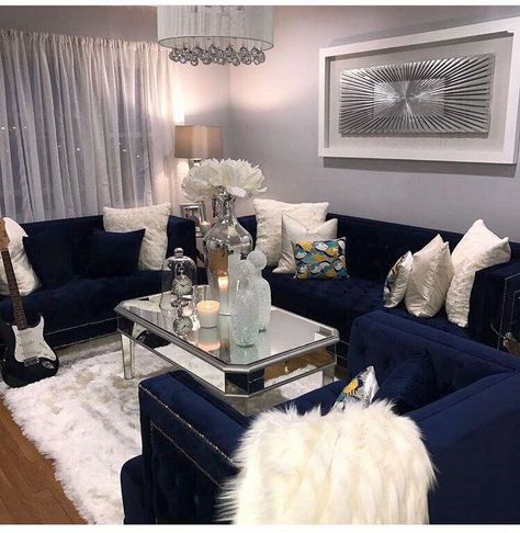 Blue And Silver Living Room, Silver Living Room Decor, Blue Furniture Living Room, Silver Living Room, Fur Rugs, Blue Living Room Decor, First Apartment Decorating, Glam Living Room, Blue Furniture