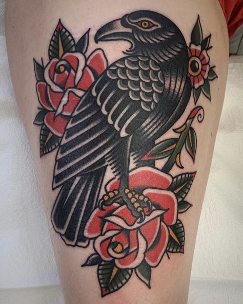 Neo Traditional Crow Tattoo, Neo Traditional Crow, Aiden Tattoo, Crow Reference, Ravenclaw Tattoo, Tatuaje Trash Polka, Rabe Tattoo, Storm Tattoo, Crow Tattoo Design