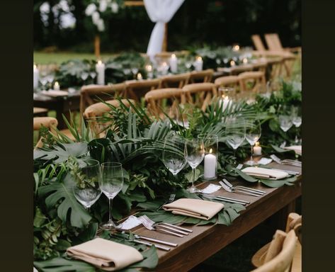 Green Plants Table Setting, Green Plant Wedding Theme, Tropical Plant Centerpieces, Tropical Forest Wedding Theme, Tropical Aesthetic Wedding, Lush Green Wedding Decor, Tropical Wedding Theme Table Decor, Rainforest Theme Wedding, Jungle Glam Wedding