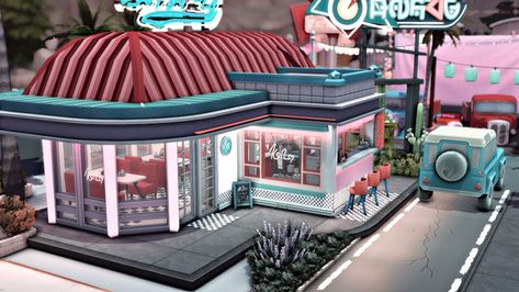 Diner Floor Plans, Sims 4 Diner Build, Sims 4 Diner Cc, Sims 4 Diner, Bloxburg Diner, Diner Exterior, 50s Diner Kitchen, Ts4 Lots, Drive In Cinema