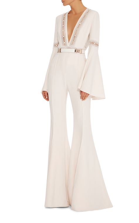 Elie Saab -- Flared Jumpsuit With Deep V-Neck With Lace Trim Plunge Jumpsuit, Jumpsuit Lace, Flared Jumpsuit, V Neck Jumpsuit, Romper Long Pants, Noble Lady, Elegante Y Chic, Bridal Jumpsuit, Flare Jumpsuit