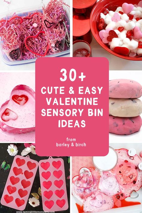 Celebrate the joy of Valentine's Day with over 30 easy, creative sensory bin and play activities for kids. Perfect for preschool and early learners, find ideas for valentine sensory bins, sensory bags, and bottles with hearts, chocolate, and flower themes. Engage kids of all ages in tactile and visually stimulating February sensory play with valentine playdoughs and DIY slimes perfect for the season of love. | from barley & birch Valentine Sensory Bin Preschool, February Sensory Bin Ideas, February Sensory Bin, Valentines Sensory Bin, Valentine Sensory Bin, Valentine Sensory, Sensory Play Ideas, Toddler Sensory Bins, Sensory Bag