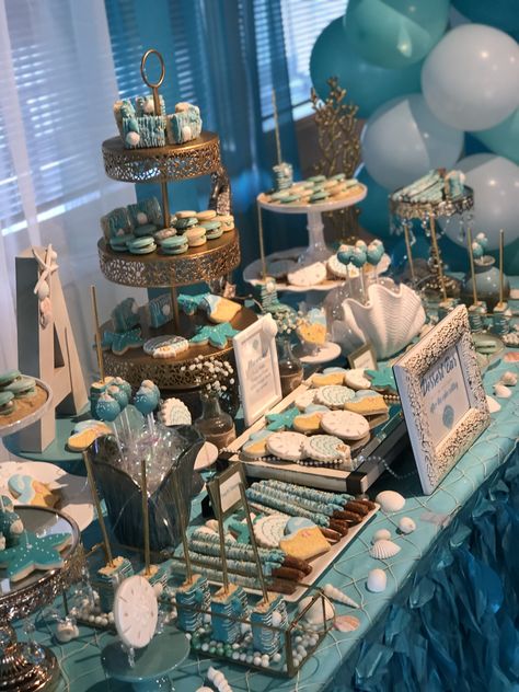 Ariel Themed Sweet 16, Under The Sea Quinceanera Theme Decoration, Under The Sea Snack Table, 50th Birthday Ocean Theme, Underwater Quinceanera Sea Theme, Under The Sea Decorations Prom, Coastal Sweet 16, Ocean Sweet 16 Ideas, Quinceanera Ocean Theme