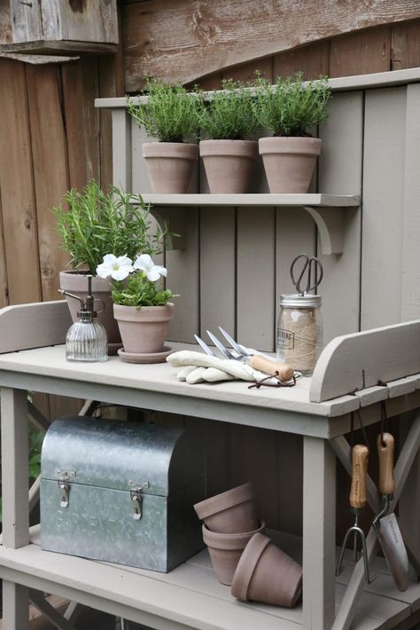 Green Potting Bench, Gardening Station, Garden Station, Diy Potting Bench, Potting Bench Plans, Potting Station, Outdoor Potting Bench, Arizona Gardening, Fruit Flowers