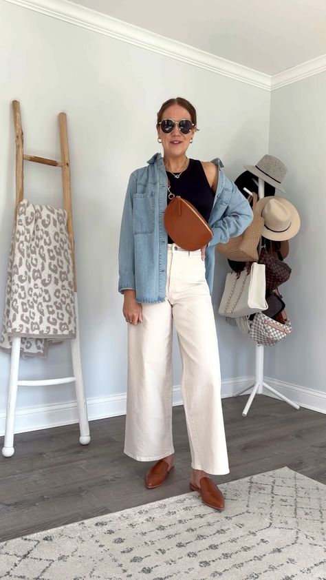 Wide Leg Canvas Pants Outfit, Work Khaki Pants Outfit, Wide Leg Jean Summer Outfit, Cream Cropped Wide Leg Jeans Outfit, Wide Leg Jeans Capsule Wardrobe, Target Wide Leg Jeans, Chambray Wide Leg Pants Outfit, Shacket Outfit Women Summer, Wide Leg Sailor Pants Outfit