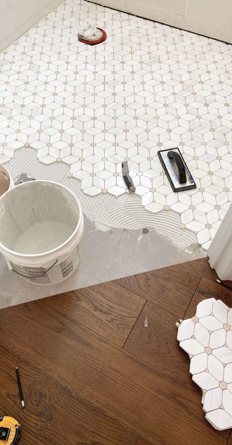 Small Bath Tile Floor, Matching Kitchen And Bathroom Flooring, Diy Bathroom Floor Remodel, Small Bathroom With Chandelier, Neutral Master Bath Tile, Flower Mosaic Tile Bathroom, Floor And Decor Tile Bathroom, Geometric Floor Tiles Bathroom, Neutral Floor Tile Bathroom