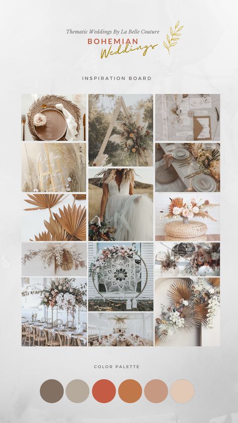 If you are free spirited bride and your style is more woodland nymph than fairy princess, Bohemian theme is yours to explore. Dried flowers, macrame wall hanging, boho mandala carpet, rattan mats would be the perfect assemble for a bohemian style wedding while still looking incredibly chic. Bohemian Luxe Wedding, Bohemian Wedding Mood Board, Boho Debut Theme Ideas, Bohemian Debut Theme, Boho Style Wedding Decoration, Bohemian Debut, Metallic Wedding Theme, Bohemian Theme Wedding, Flowers Macrame