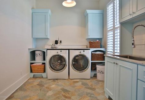 Flagstone Tiled Floor - Transitional - laundry room - Sherwin Williams Aviary Blue - Stacye Love Flagstone Tile, Transitional Laundry Room, Blue Laundry Rooms, Laundry Room/mud Room, Blue Interior Design, Dream Laundry Room, House Of Turquoise, Laundry Room Cabinets, Blue Paint Colors