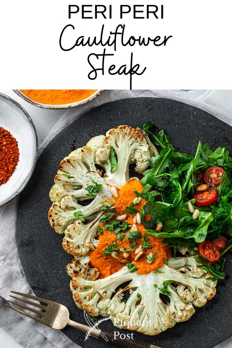 We think it’s perfect on all kinds of veggies, and that’s why we’re bring you this healthy and quick Peri Peri Cauliflower Steak recipe! Our version goes easy on the heat, but still has a kick, and you can easily dial up heat if you like it hot! Cauliflower Steaks Recipes, Cauliflower Steak, Peri Peri Sauce, Cauliflower Steaks, Peri Peri, Steak Recipe, Vegan Meal, Global Recipes, Spring Recipes