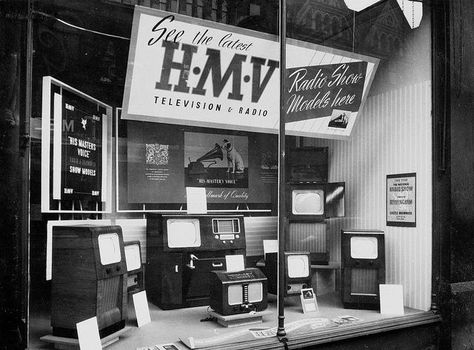 Window Display at HMV Record Stores in the 1950s. | Bazooka Joe Manchester Library, Candy Stores, Tv Store, Store Window Displays, Island Pictures, Tv Display, Tv Shopping, Store Window, Vintage Display