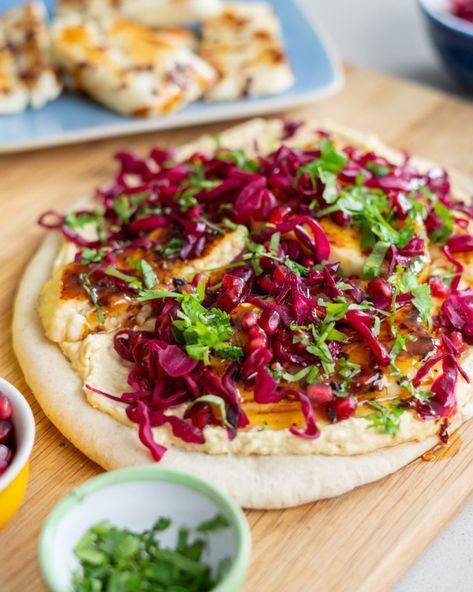 Honey Flatbread, Deli Kitchen, Honey Halloumi, Onion Grilled Cheese, Pickled Red Cabbage, Honey Sauce, Homemade Hummus, Hot Honey, French Onion