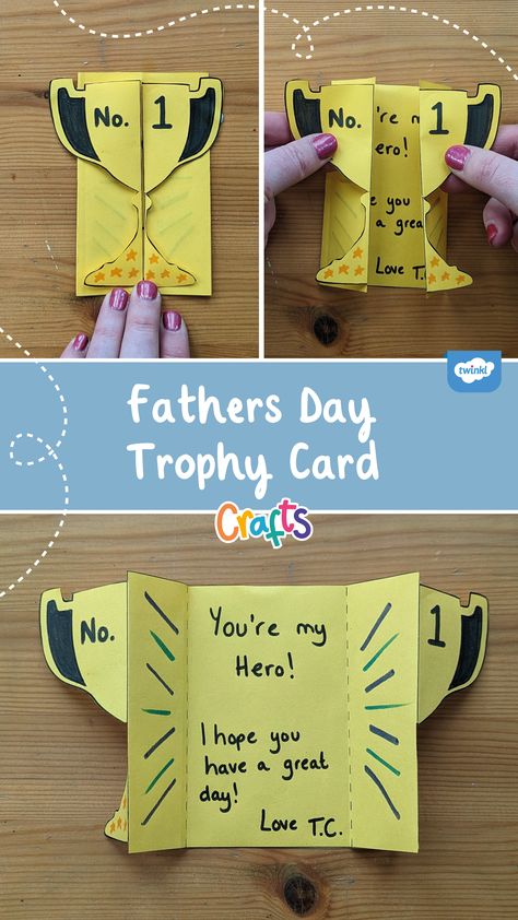 Print, cut, fold and decorate this fantastic folding Father's Day card craft with a trophy on the front. This thoughtful card will show how much you appreciate the recipient 🏆 Fathers Day Trophy Crafts For Kids, Diy For Father's Day, Simple Fathers Day Cards Diy, Father Days Cards Ideas, Father Day Card Ideas For Kids, Dad Day Card Ideas, Fathers Day Activities For Kids, Simple Fathers Day Cards, Fathers Day Card Ideas Diy