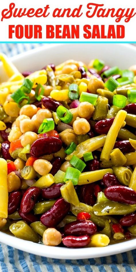 Sweet and Tangy Four Bean Salad- a great make-ahead recipe for potlucks! Seven Bean Salad, 4 Bean Salad Recipe Healthy, 4 Bean Salad Recipe, 4 Bean Salad, Bean Salad Recipes Easy, Four Bean Salad, 3 Bean Salad, Bean Salads, Three Bean Salad