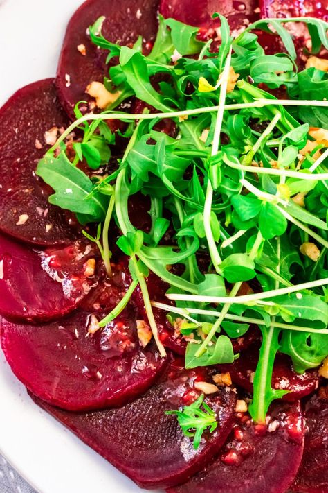 Beetroot Carpaccio With Raspberry Drizzle - Written By Vegan Raspberry Drizzle, Beetroot Carpaccio, Healthiest Vegetables, Beetroot Recipes, Vegan Starters, Tofu Salad, Popular Appetizers, Traditional Italian Dishes, Beet Recipes