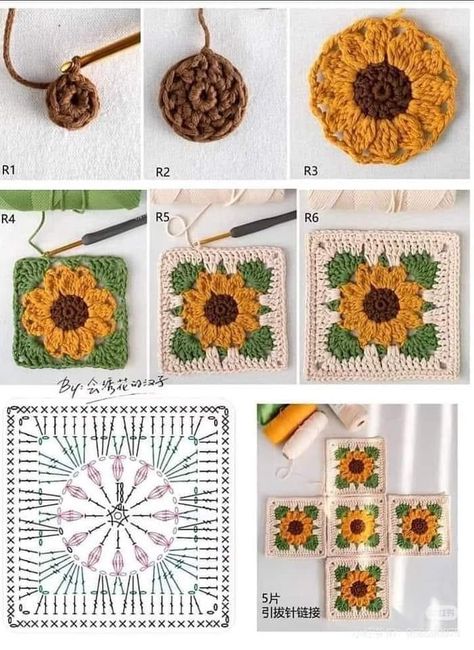 Granny Square Crochet Patterns Free, شال كروشيه, Crochet Tutorial Pattern, Vintage Crochet Patterns, Mode Crochet, Pola Amigurumi, Crochet Sunflower, Crochet Flower Tutorial, Crochet Square Patterns