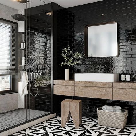 Redwood House, Black Bathroom Tile, Tile Bathrooms, Black Tile Bathrooms, Craftsman Farmhouse, Contemporary Craftsman, Black Tile, House Aesthetic, Air Bnb