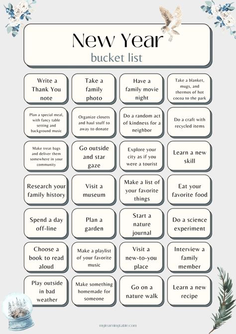 New Year Bucket List Ideas, New Year Bucket List, Free Printable Bucket List, Year Bucket List, Printable Bucket List, New Years Resolution List, Bucket List Journal, Monthly Activities, New Year Planning