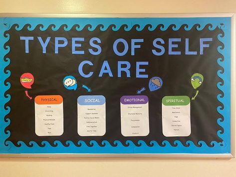 Self Awareness Bulletin Boards, Self Care Bulletin Board College, School Counselor Bulletin Boards High School, School Nurse Bulletin Board High School, School Nurse Bulletin Board Ideas High School, Self Care Bulletin Board Ideas, Middle School Nurse Bulletin Board Ideas, Self Care Ra Board, Guidance Counselor Bulletin Boards