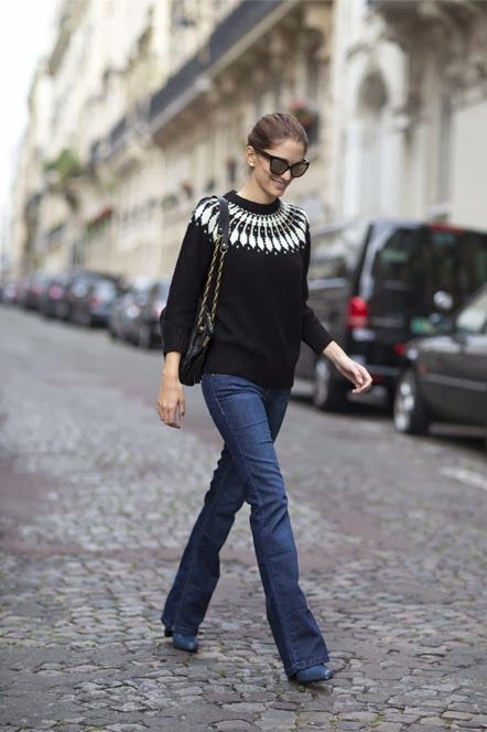 fair isle sweaters How To Style Flares, Style Flare Jeans, Zara Fall, Looks Jeans, Moda Denim, Sweater Outfit, Jacquard Sweater, Looks Street Style, Long Sweaters Cardigan