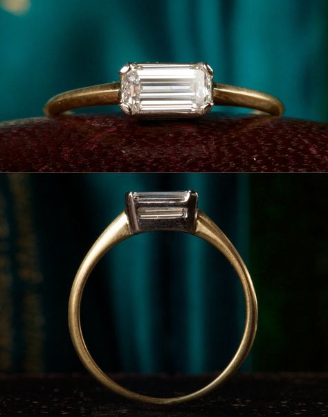 Would love this in sapphire and matt silver. Baguette cut placed landscape is probably my favourite style ring. Emerald Cut Diamond Ring, Emerald Cut Diamond, Emerald Engagement Ring, Emerald Jewelry, Emerald Cut Diamonds, Baguette Cut, Emerald Ring, Solitaire Engagement Ring, Emerald Cut