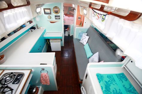 Liveaboard Boats, Sailboat Interior, Sailboat Living, Tiny House Blog, Sailboats For Sale, Sail Life, Living On A Boat, Small Sailboats, Boat Decor