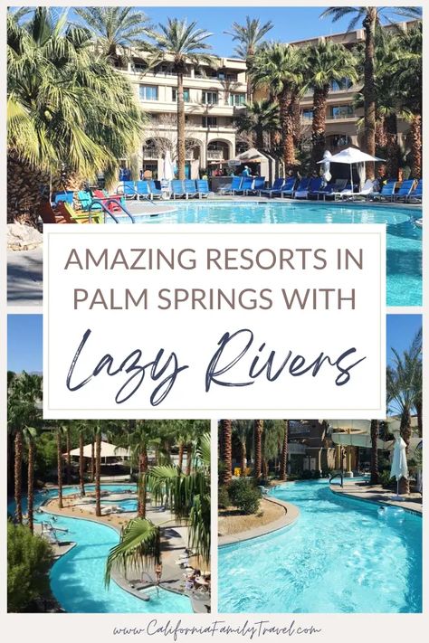 Is there anything better than floating down a lazy river on a hot, sunny day? Palm Springs, California is an iconic destination, filled with luxurious resorts, world class golf courses and wonderful dining and shopping destinations. Here are four Palm Springs resorts with lazy rivers to enjoy on your desert vacation. #palmsprings #california Best Resorts In California, California Palm Spring, California Hot Springs, Palm Springs Resorts, Desert Vacation, Southern California Travel, Palm Springs Hotels, Spring Getaway, Beautiful California