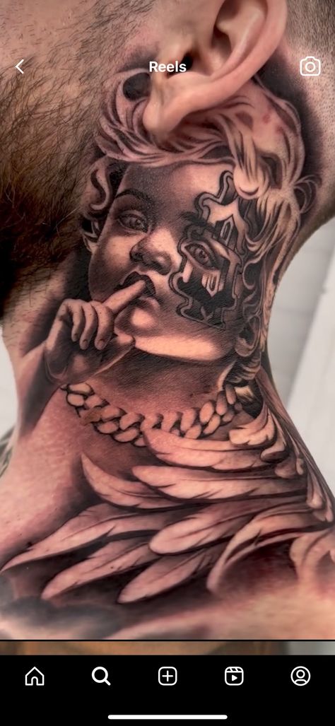 Cherub Neck Tattoo, Angel Tattoo Neck, Hard Tattoos, Anuel Aa Wallpaper, Cherub Tattoo, Mary Tattoo, Tattoo Lettering Styles, Realistic Tattoo Sleeve, Gangsta Tattoos