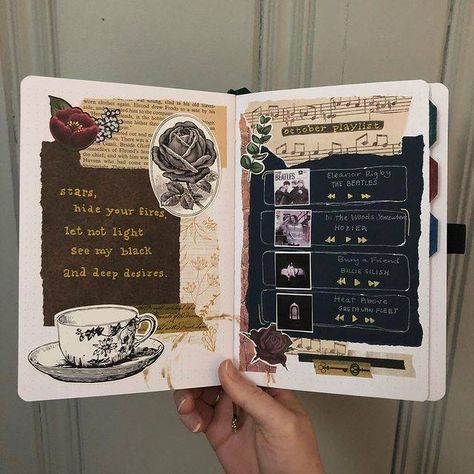 Dark Academia Journal Ideas, Pretty Journal Ideas, Dark Academia Bullet Journal, Hobonichi Spread, Journal Front Page Ideas, Crunchy Recipes, Vintage Bullet Journal, Reading Bujo, Dark Academia Journal