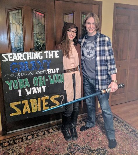 Yoda Promposal, Star Wars Sadies Proposal, Hoco Proposals Ideas Star Wars, Star Wars Homecoming Proposal, Star Wars Dance Proposal, Star Wars Hoco Proposal, Star Wars Promposal, Sadies Proposal, Dance Proposals