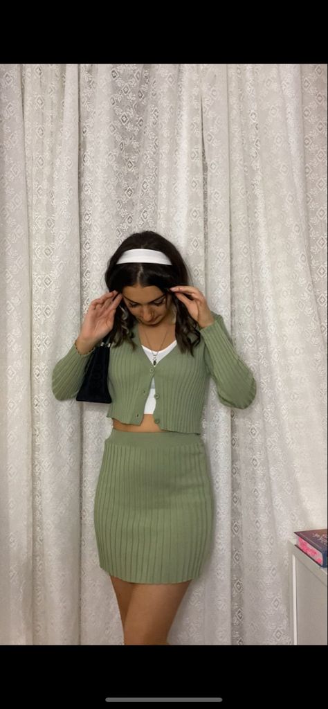 90s Two Piece Outfits, Cardigan Set With Skirt, Green Two Piece Skirt Set, Fitted Green Two-piece Matching Set, Green Tweed Skirt Set, Green Two Piece Set, Set Outfit Two Pieces, Bday Aesthetic, Green Mini Skirt With Button Closure