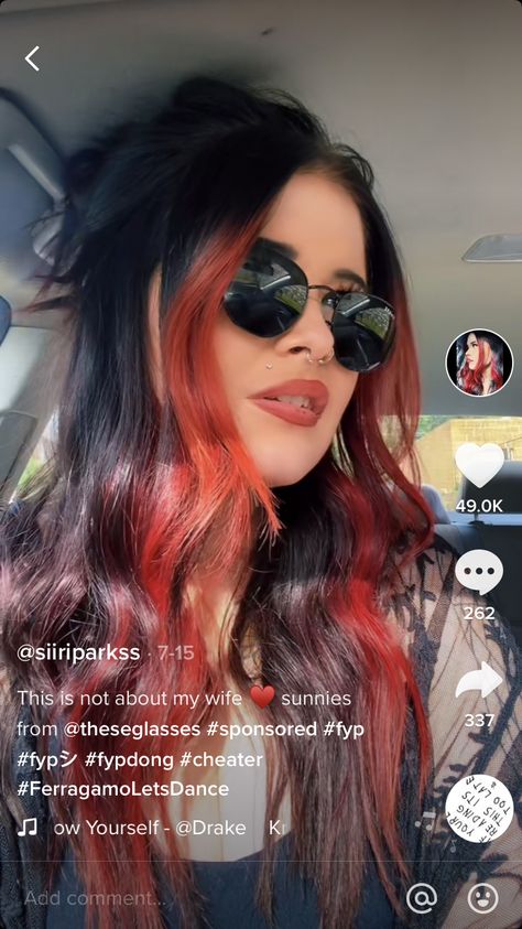 Black And Red Color Block Hair, Black With Red Money Piece, Dark Hair With Red Peekaboo, Copper Money Piece Hair Black, Dark Hair Red Money Piece, Red Hair With Blonde Streak, Dark Brown Hair With Red Money Piece, Brown Hair Red Money Piece, Dark Hair With Red Money Piece