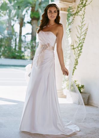 Grace your guests with sheer elegance and feel like a true princess in this strapless slim charmeuse gown.Soft charmeuse fabric and side-drape create a slimming silhouette. Attached ribbon sash features beautiful  applique detail! Sweep train. Fully lined. Imported polyester. Dry clean only.   Sample Sale gowns are only available online (not available in stores).  Sample Sale gowns contain imperfections such as tears in the lining or tulle, or imperfect seams in the skirt, etc. Glassware Centerpieces, Charmeuse Gown, Wedding Gown Preservation, Drape Gown, Veil Styles, Charmeuse Fabric, Wedding Items, Champagne Wedding, Wedding Dress Sizes