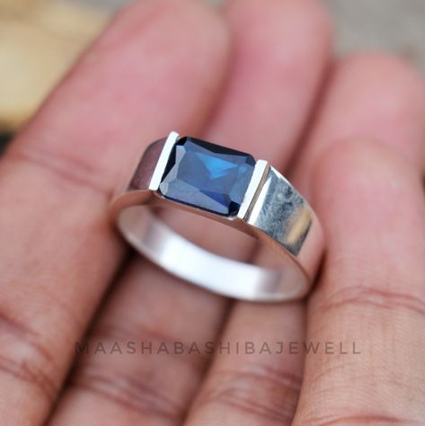 Blue Sapphire Men's Ring, 925 Sterling Silver Ring, Handmade Ring, Promise Ring, Blue Sapphire Ring, Dainty Wedding Ring, Gift For Him SHOP LINK:- https://www.etsy.com/shop/MaaShabashibaJewell?ref=seller-platform-mcnav 》D E T A I L S《 Gemstone: Natural Sapphire Gem Color: Blue Gem Shape: Rectangle  Gem Category: Cut Metal: 925 Sterling Silver Purity: 925 Parts Per 1000 Setting Type: Prong Set Silver Polish: High Ring Size: All Size Available Please note that there Can be slight variations in sto Men Sterling Silver Ring, Blue Stone Ring For Men, Gem Stone Rings For Men, Mens Stone Ring, Ring Designs For Men Silver, Man Silver Ring, Mens Ring Silver, Silver Stone Rings For Men, Blue Sapphire Rings For Men